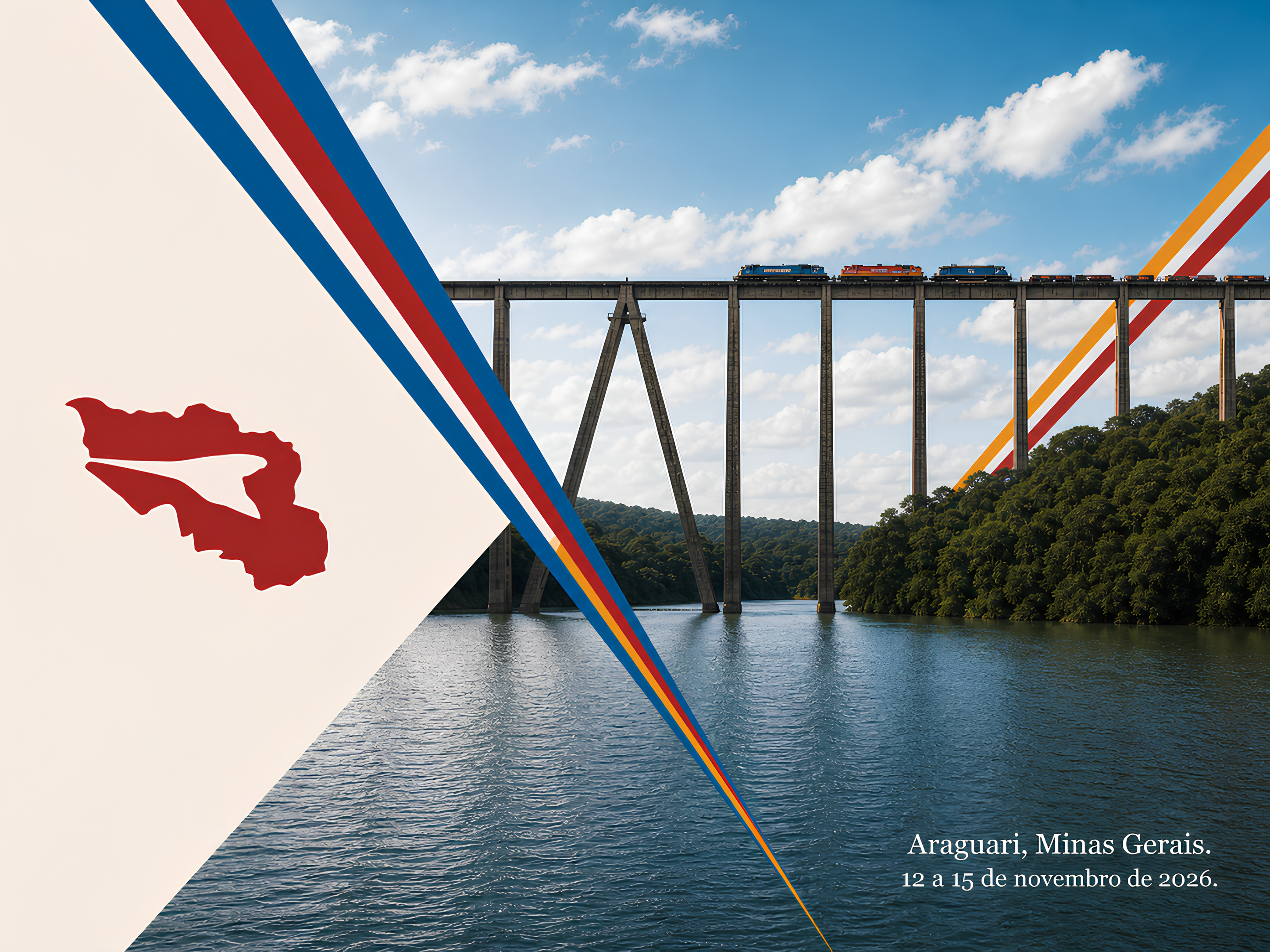 Arte panorâmica do I CIEPS com a ponte ferroviária de Araguari